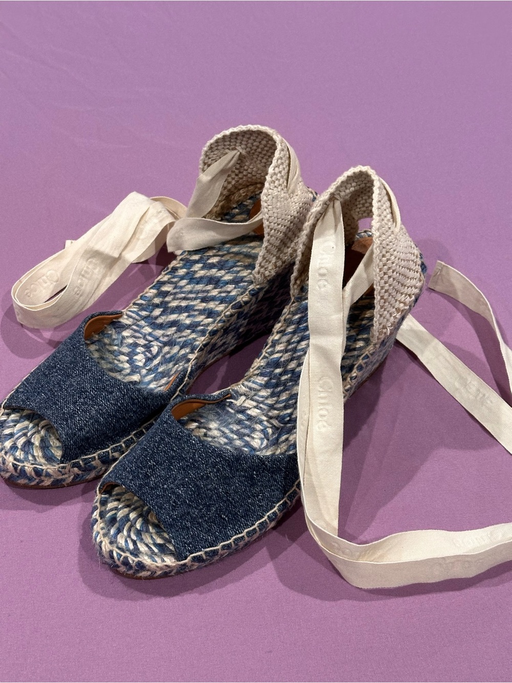 Chloe Blue Denim Espadrille Wedges with Cream Ankle Ties